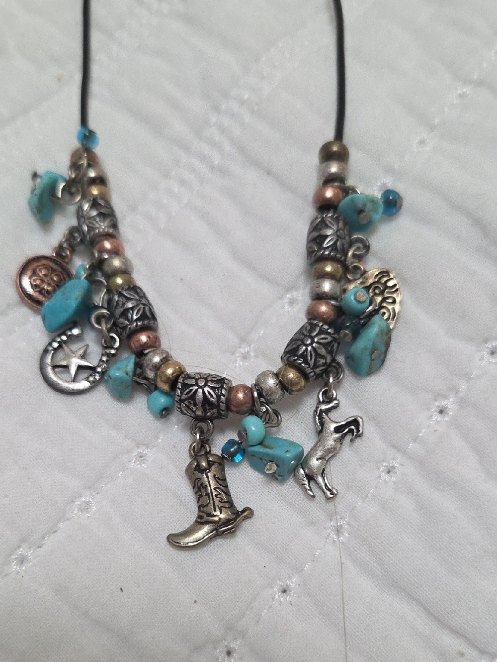 Turquoise Bead Charm Necklace with Western Charms